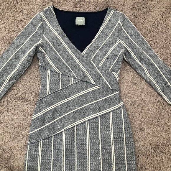 Maeve Blue and White Faux Body Wrap Striped Column Dress Anthropologie Sz Small - Picture 3 of 10